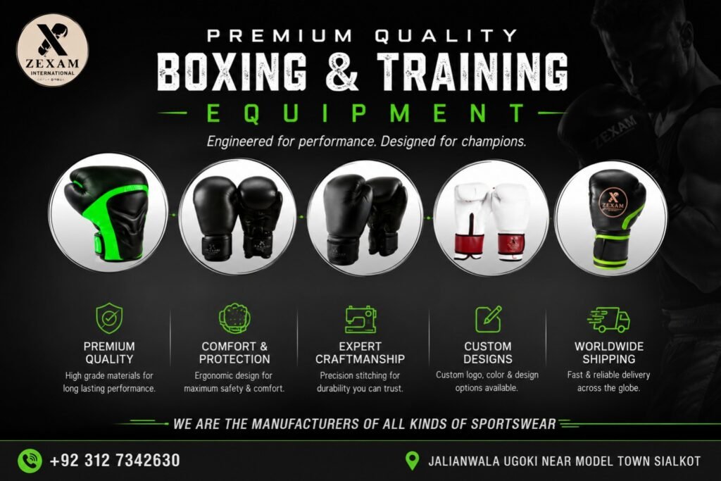 Premium boxing equipment manufactured by Zexam International including boxing gloves, head guards, focus pads, custom OEM boxing gear, and worldwide shipping.